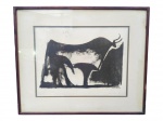 QUADRO, uma (1) reprodução da obra LA TAUREAU NOIR de Pablo Picasso, moldura em madeira com falhas na patina, proteção em vidro com sinais de fungos, medindo 45x54cm.