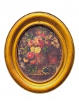 ASSINATURA DESCONHECIA, Flores, óleo sobre tela colada sobre eucatex, moldura e pintura apresenta sinais de cupim, patina dourada, vendido no estado da foto, medindo 45x38,5cm.
