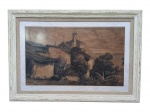 Jayme Ferreira da Hora (1911-1977), "Igreja", óleo sobre tela, moldura em madeira com patina branca com sinais de cupim, frente em vidro, datado de 1975, vendido no estado, apresenta pequenos furos e rasgos na pintura, medindo 92,5x132,5cm.