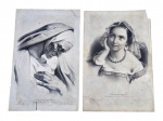 GRAVURAS, duas (2) antigas estampas monocromáticas sobre papel, apresentando estudos de figuras femininas, sendo: A) senhora com véu, em posição de oração; e B) jovem com traje e adereços tradicionais. Ambas com inscrições em francês na parte inferior. Peças usadas, apresentando manchas, sinais de umidade, foxing, vincos, rasgos e perdas nas bordas, compatíveis com a antiguidade. Sem molduras, medindo 47,5x31cm.