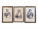 QUADROS, três (3) gravuras monocromáticas sobre papel, representando figuras femininas em cenas de maternidade e afeto, com inscrições em francês na parte inferior. Emolduradas em madeira, duas com frisos dourados. Peças usadas, apresentando manchas, foxing, sinais de umidade, medindo 55x39cm e 53x36cm.