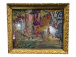 TAPEÇARIA, uma (1) tapeçaria representando cena galante, moldura em madeira com patina entalhada por elementos vegetalistas em vasta douração, apresentando quebras, falhas, frente em vidro, traseira no estado, medindo 141x170cm.
