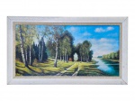 J. FRENKET, Paisagem Campestre, OSE, moldura em madeira com formica geométrica, apresenta leves falhas, medindo 65x115cm e obra 49x98,5cm.