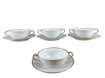 Edelstein (Bavaria), quatro (4) xícaras consumer com seus respectivos pires, confeccionados em porcelana alemã na tonalidade branca com borda e alça filetada em ouro, medindo 5x16x12cm. 1 bicada na borda.