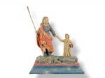 ARTE SACRA, um (1) imaginário confeccionado em madeira entalhada a mão representando São José de Botas e Menino Jesus, báculo em metal dourado, patina policromada com realces em douração, base retangular escalonada, leves falhas na patina, medindo 30x27,5x11cm.