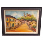 <b>ENID (?)</b>, "Paisagem Urbana", óleo sobre tela, moldura em madeira escura com paspatur, medindo 25x33cm e obra 19x26,5cm, apresentando pequena falha obra.