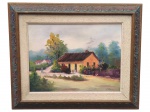 <b>ASS. ILEGÍVEL</b>, "Paisagem Rural", óleo sobre tela, assinado possivelmente M. Fontoura, moldura em madeira nobre com entalhes vegetalistas, medindo 46,5x56,5cm e tela medindo 30x40cm.