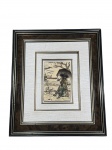 QUADRO, uma (1) composição decorativa de parede, apresentando placa central em metal relevado e policromado, com cena figurativa feminina à beira dágua, acompanhada de cisne e paisagem ao fundo, protegida por moldura com passe-partout em tonalidade clara e moldura externa em padrão amadeirado escuro, medindo 36,5x31,5cm e obra 14x9,5cm.