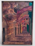 QUADRO, "Cena Urbana", técnica mista sobre placa de cobre sobre eucatex, sem assinatura aparente, medindo 45x31,5cm.
