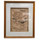 <b>QUADRO</b>, um (1) mapa representando a região da Patagônia, impresso sobre papel com coloração sépia e detalhes coloridos à mão. Mostra relevo, hidrografia e localidades da região austral da América do Sul, incluindo representações de animais e embarcações típicas. Apresenta sinais do tempo, como amarelado e pequenas manchas. Acondicionado sob vidro com paspatur claro e moldura em madeira dourada. Peça de caráter geográfico e decorativo, possivelmente de edição do século XIX. medindo 56x45,5cm.