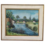 <b>NELSON (?)</b>, "Paisagem Rural", óleo sobre tela, moldura em madeira patinada em douração com paspatur branco, datado de 1988, apresentando falhas na píntura e desgastes na moldura, medindo 55x64,5cm e tela 39,5x49,5cm.