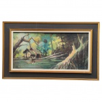 <b>ASSINATURA ILEGÍVEL</b>, "Paisagem Campestre", óleo sobre tela, moldura em madeira clara com paspatur escuro, moldura medindo 47x76cm e tela 28x59cm.
