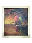 ASSINATURA ILEGÍVEL, "Barcos no Porto", óleo sobre tela com rasgo e falhas na moldura em madeira laqueada, medindo 94,5x84,5cm e tela 80,5x70,5cm. Sinais de cupim na moldura e chassi.