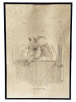 QUADRO, um (1) quadro com desenho a lápis (grafite) sobre papel, representando cabeça de cavalo sobre porteira, assinado Berega e datado 1980 (conforme inscrição), protegido por vidro e moldura. Apresenta manchas de umidade/foxing no papel (conforme imagem), medindo 47x32,5cm,