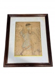 QUADRO, uma (1) reprodução de figura masculina em estilo clássico, trajando vestes esvoaçantes e tocando harpa, em composição de inspiração helenística, protegida por vidro, com paspatur e moldura em madeira com ranhuras, medindo 56x45,5cm e obra 36x26cm.