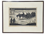 Stefania Landau Emeuberg, "Enterro na Sibéria", xilogravura datada de 1981, P.A. 3/XX (prova de artista, conforme marcação). Acondicionada em passe-partout, com proteção em vidro e moldura de madeira, leve rasgo vide foto, medindo 55x69,5cm e obra 32,5x47cm;