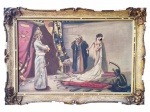 ASSINATURA DESCONHECIDA, "Ein Kuppler preist einem Tscherkessenhäuptling eine Sklavin an" reprodução sobre tela da obra de Frederico Vezin, moldura em madeira com patina creme, decorado por elementos vegetalistas em relevo e recortes em douração (apresenta falhas) e furo na tela, medindo 61x87cm e tela 45x72cm.