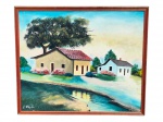 L. ALBERTO, "Paisagem Rural com Casarios", moldura em madeira com leves desgastes, pintura com leves falhas vide foto, medindo 52,5x62,5cm e obra 49,5x59,5cm.