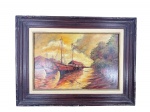 ASSINATURA DESCONHECIDA, "Embarcação", pintura sobre eucatex, moldura em madeira escura com desgastes, medindo 61x81cm e pintura 39x59cm.