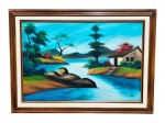 VIANNA, "Paisagem Campestre", óleo sobre eucatex, moldurra em madeira com pintura marrom, apresentando falhas, medindo 79x109cm e obra 61x90,5cm. Falhas na fita traseira.