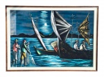 VIANNA, "Pescadores", óleo sobre eucatex, moldurra em madeira escura com leves falhas, medindo 77x107cm e obra 64x93,5cm.