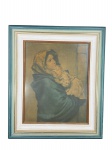 QUADRO, uma (1) reprodução sobre tecido representando Madonna (também conhecida como Madonna of the Streets) do pintor italiano Roberto Ferruzzi, frente em vidro com sujidades internas, moldura em madeira com patina azul e branca, medindo 68x58cm.