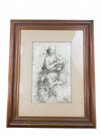 QUADRO, uma (1) reprodução da gravura emoldurada e protegida por vidro de estudo de Michelangelo representando figuras com Puttino, moldura em madeira escura, medindo 61,5x49,5cm, apresenta falhas na patina da moldura.