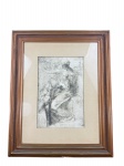 QUADRO, uma (1) reprodução da gravura emoldurada e protegida por vidro de estudo de Michelangelo representando figuras ladeadas por Puttino, moldura em madeira escura, medindo 61,5x49,5cm, apresenta falhas na patina da moldura.