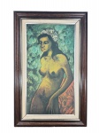 QUADRO, uma (1) reprodução da obra de Kennedy Bahia representando nu feminino, colagem sobre eucatex, moldura em madeira escura com leves desgastes, medindo 74,5x47,5cm e obra 58,5x31cm, apresentando ranhuras e pequena falha na pintura.