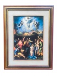 QUADRO, uma (1) reprodução da obra A Transfiguração de Rafael Sanzio, moldura em madeira com patina dourada, medindo 57,5x44,5cm.