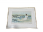 QUADRO, uma (1) gravura artística emoldurada, representando figura feminina, em composição delicada de tons suaves em azul, verde e bege, com atmosfera etérea e poética, assinatura similar a Deci Christina e titulo similar a Areia Movediça, datado de 18/11/2007, moldura em madeira com patina branca, marcas do tempo na pintura e leves desgastes na patina, medindo 25x38cm e moldura 41x54cm.