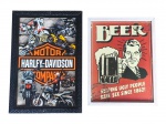 QUADROS, dois (2) quadros decorativos com temática vintage/publicitária sobre eucatex, sendo um com estampa Harley-Davidson Motor Company, com imagens de motocicletas, moldura preta, medindo 48x33cm, e outro com estampa decorativa Beer, em estilo retrô, com figura masculina segurando caneca de cerveja e frase humorística em inglês, moldura branca, medindo 41x31,5cm.
