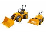 BRINQUEDO - Lote composto por dois (2) veículos de construção confeccionados plástico rígido, tipo pá carregadeira/trator, na cor amarela com detalhes em preto e rodas cinza, ambos com caçamba frontal articulada e alavancas superiores. Medidas : 15 x 26 x 12 cm  e  18 x 42 x 13 cm