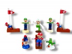 COLECIONISMO, oito (8) miniaturas/brinquedos decorativos, em material plástico/resina pintada, composto por personagens do universo Super Mario/Nintendo, incluindo Mario, Luigi, Yoshi, bases com bandeiras, e uma figura do personagem M&Ms, maior medindo 15,5cm de altura e menor 6cm, 1 Mario com falhas na mão.