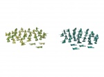 BRINQUEDOS, lote composto por sessenta e quatro (64) miniaturas de soldados em plástico, em duas tonalidades de verde, representando figuras militares em diferentes posições de combate. Peças para composição de cenário, jogos ou colecionismo.