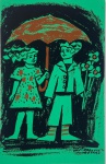 ZORAVIA BETTIOL - GRAVURA ( XILOGRAVURA) ASSINADA NO CANTO INFERIOR DIREITO, COMPOSIÇÃO FIGURATIVA   DE TRAÇO POÉTICO E INGÊNUO, RETRATANDO UM CASAL INFANTIL SOB GUARDACHUVA ONDE O MENINO SSEGURA UM MAÇO DE FLORES. APRESENTA O MARCANTE GRAFISMO SINTÉTICO E NARRATIVO DA OBRA DO ARTISTA. MEDIDAS: 22 X 14 CM