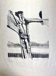 ADEMIR MARTINS ( 1922-2006)  LITOGRAFIA NUMERADA E ASSINADA  1977, FIGURA ESTILIZADA EM PAISAGEM COM LUA ESPANTALHO/ FIGURA ANTROPOMÓRFICA, TIRAGEM 65/150  ASSINADO A LÁPIS PELO ARTISTA E DATADO NO CANTO INFERIOR DIREITO .