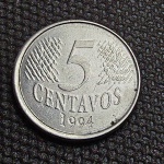 Brasil, moeda de 5 cts de real de 1994 com fantástico reverso horizontal