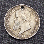 Brasil Império, moeda de prata de 500 réis de 1888. Furo para pingente
