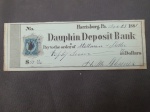 EUA, cheque compensado do DAUPHIN Deposit Bank de NOV/1881 (séc XIX), com estampilha/selo fiscal. Perfeito! Raro item nesta qualidade