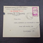 Brasil, envelope circulado com franquia isolada de selo comemorativo, tendo no verso fantástica publicidade das peneiras GIOMETTI. Frente com senão. Raro!