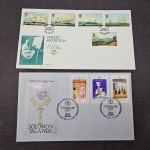 Lote com 2 FDC's de ex colônias inglesas (Jersey e Solomon Island), temas caravelas e jubileu de prata da Rainha Elizabeth II. Perfeitos!
