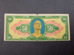 Brasil, raríssima cédula fantasia de "50 PONTOS", do time de futebol de Bonsucesso, jogador "Gonçalo". No verso "Azes das multidões - Hoje e Sempre", mostrando o Maracanã. Pequeno formato! Nunca vi antes! Marcas do tempo. Capa do nosso catálogo!