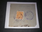 Brasil, fragmento d e carta com selo vovó de 100 réis com carimbo em roxo de "Belmonte - Bahia", duplamente batido! Difícil