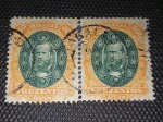 Brasil Império, par de selos D. Pedro II Auriverde, com carimbo Cantagallo, 100% sobre o selo. O par possui reforço no verso. Peça difícil de se achar! Marca de catálogo R$3294.00 reais