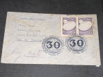 Brasil, envelope circulado com par de selos extraídos do bloco da Feira de NOVA IORQUE, com CBC's do Centenário do selo postal de 1943. Carta registrada, tendo no verso carimbos de trânsito e recepção