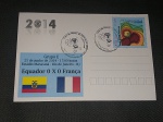 Brasil, Copa do Mundo de Futebol FIFA de 2014 no Brasil, máximo postal com selo e CB com o resultado do jogo Equador 0 x 0 França. O postal mostra os 12 estádios brasileiros da Copa