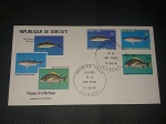 DJITOUTI, FDC, com selos e CBC tema Peixes de 1986