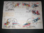 Áustria, envelope circulado em 1975 com selos e CBC's "Olimpíadas de Inverso de Insbruck", tema Esportes/Automóveis. Marcas do tempo