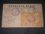 Brasil, envelope circulado/registrado com CBC de 1949 da "EXPO NACIONAL DE ANIMAIS". Circulado com quadra de selos comemorativos de 400 réis, FEIRA N. YORK. Lindo!
